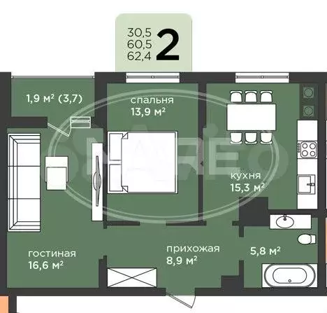 2-к. квартира, 64 м, 10/16 эт. - Фото 0