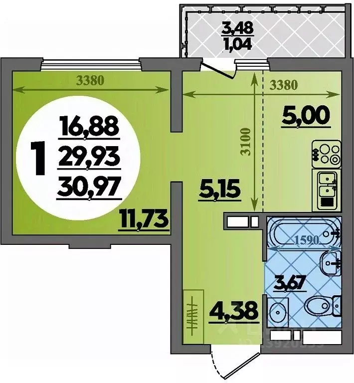 Студия Адыгея, Майкоп  (30.97 м) - Фото 1