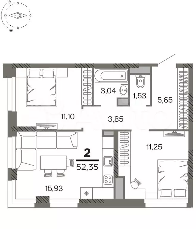 2-к. квартира, 52,4 м, 24/26 эт. - Фото 1