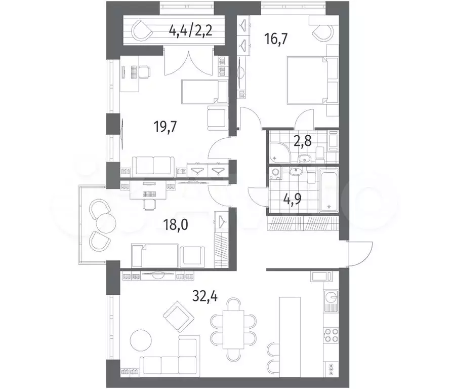 3-к. квартира, 108,6 м, 4/11 эт. - Фото 0