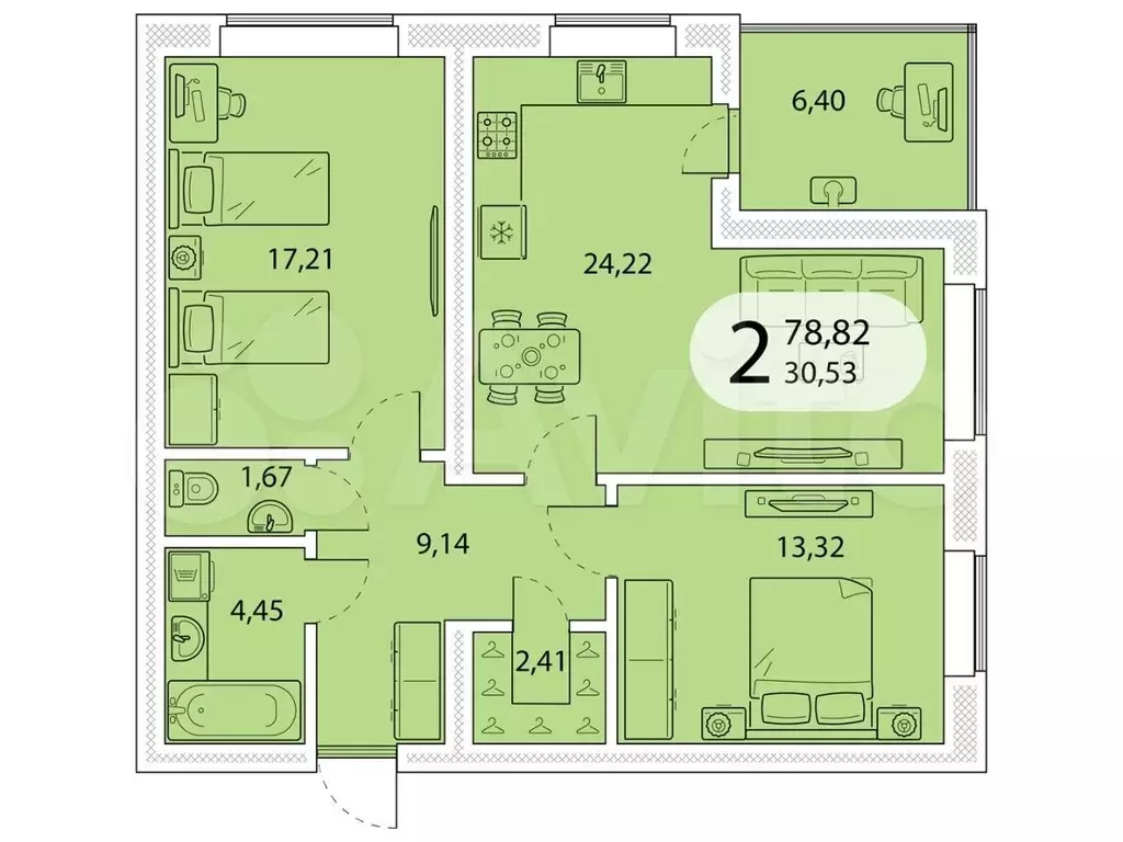 2-к. квартира, 78.8 м, 1/5 эт. - Фото 0