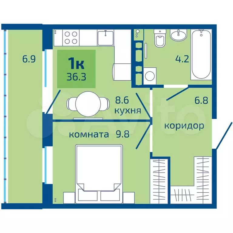 1-к. квартира, 36,3 м, 8/10 эт. - Фото 0