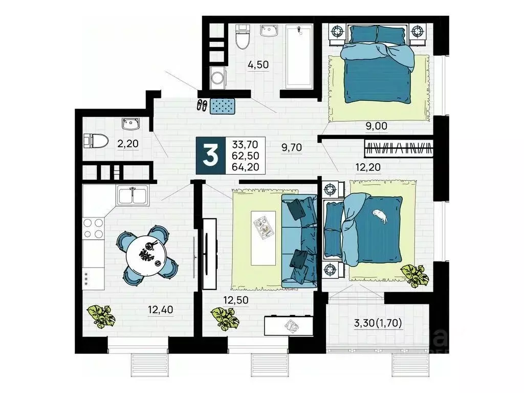 3-к кв. Адыгея, Тахтамукайский район, Яблоновский пгт  (64.2 м) - Фото 1