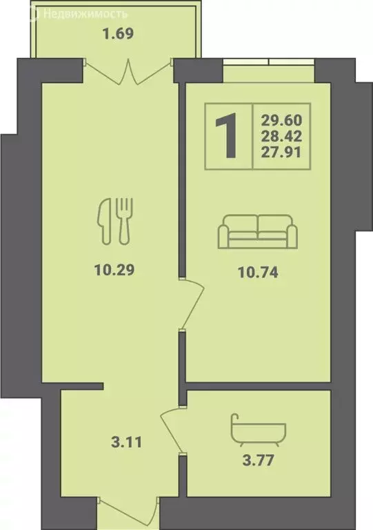 1-комнатная квартира: Пионерский, улица Гептнера, 17 (29.6 м) - Фото 0
