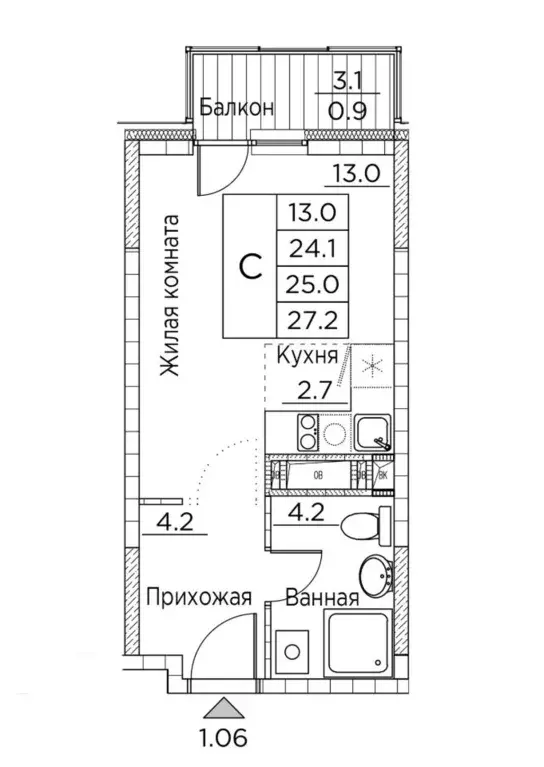 Студия Приморский край, Владивосток ул. Расула Гамзатова, 7к2 (27.2 м) - Фото 0