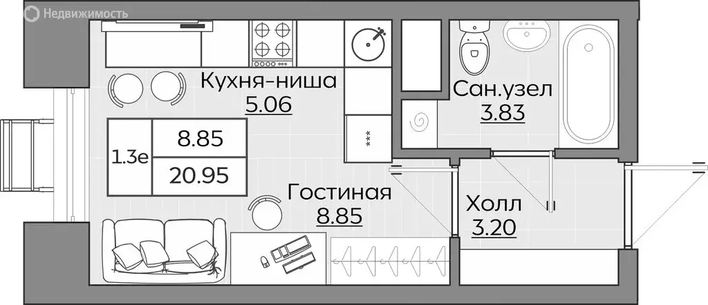 1-комнатная квартира: Казань, ЖК Батталовский (20.94 м) - Фото 0