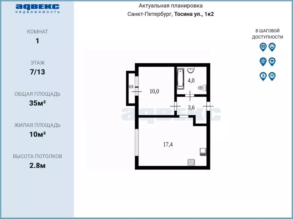 1-к кв. Санкт-Петербург ул. Тосина, 1к2 (35.0 м) - Фото 2