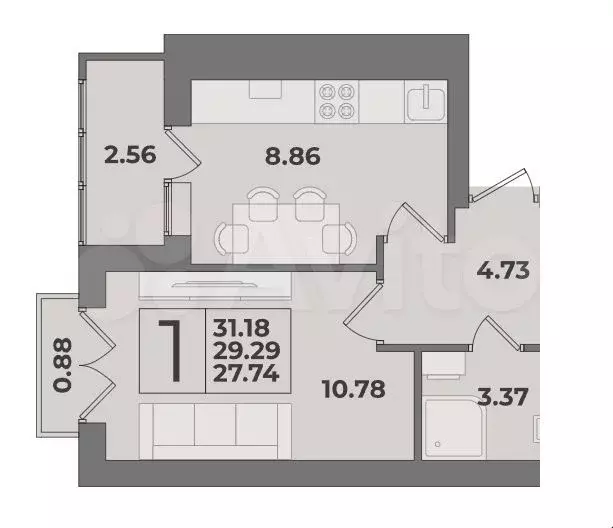 1-к. квартира, 29,3 м, 9/9 эт. - Фото 1