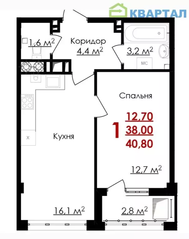 1-к кв. Белгородская область, Белгород ул. Губкина, 54 (40.8 м) - Фото 0