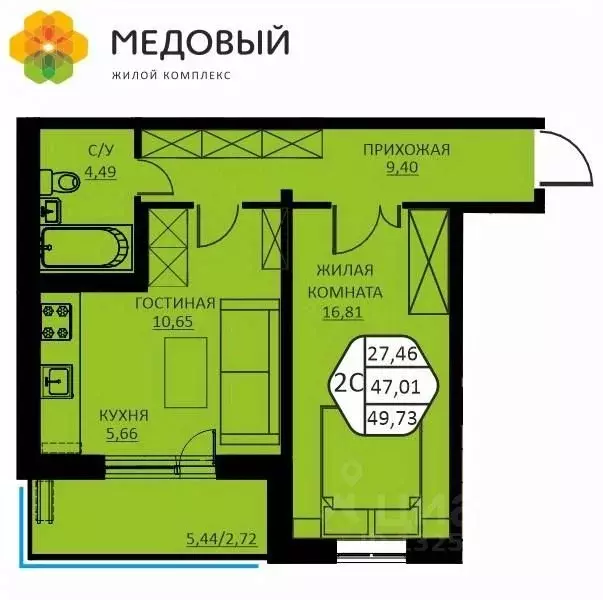 2-к кв. Пермский край, д. Кондратово ул. Н.М. Яблокова, 2 (49.73 м) - Фото 0