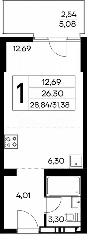 1-к. квартира, 31,4 м, 5/15 эт. - Фото 0