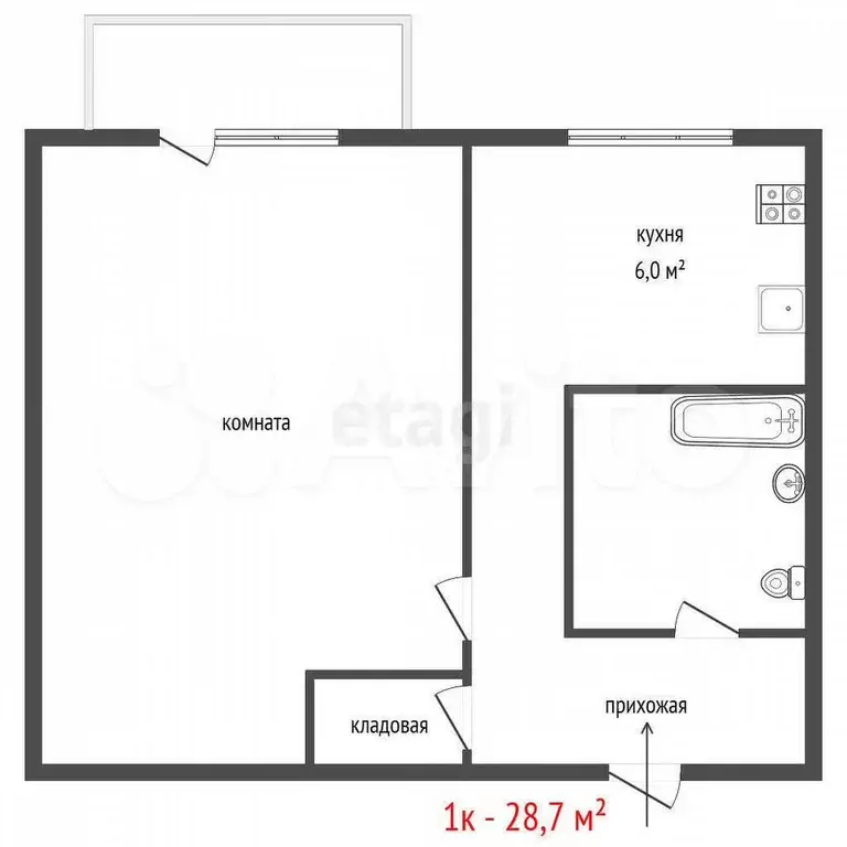 1-к. квартира, 28,7 м, 4/5 эт. - Фото 1