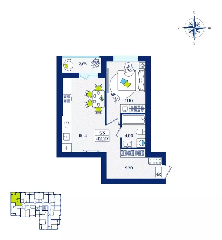 1-к кв. Калининградская область, Зеленоградск  (42.27 м) - Фото 1