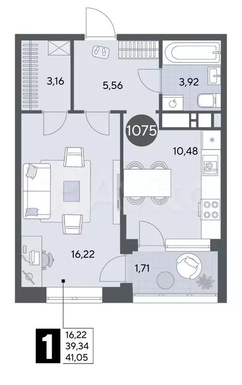 1-к. квартира, 41,1 м, 1/21 эт. - Фото 0