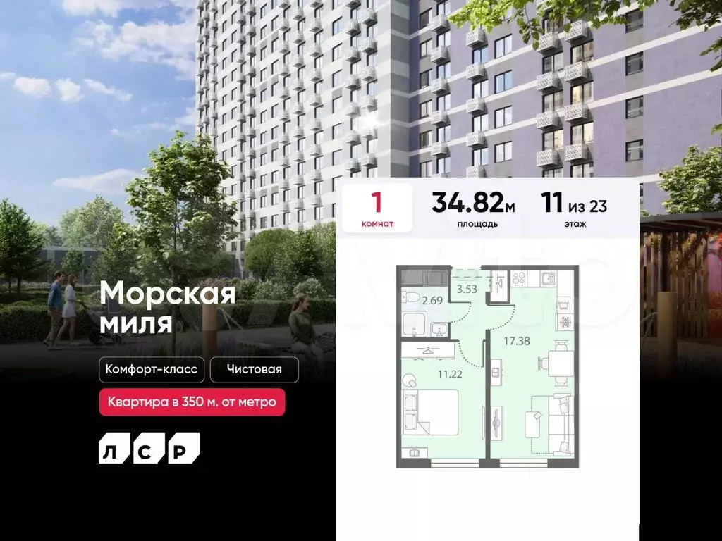 1-к. квартира, 34,8 м, 11/23 эт. - Фото 0