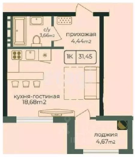 Студия Дагестан, Каспийск просп. Акулиничева (31.45 м) - Фото 0