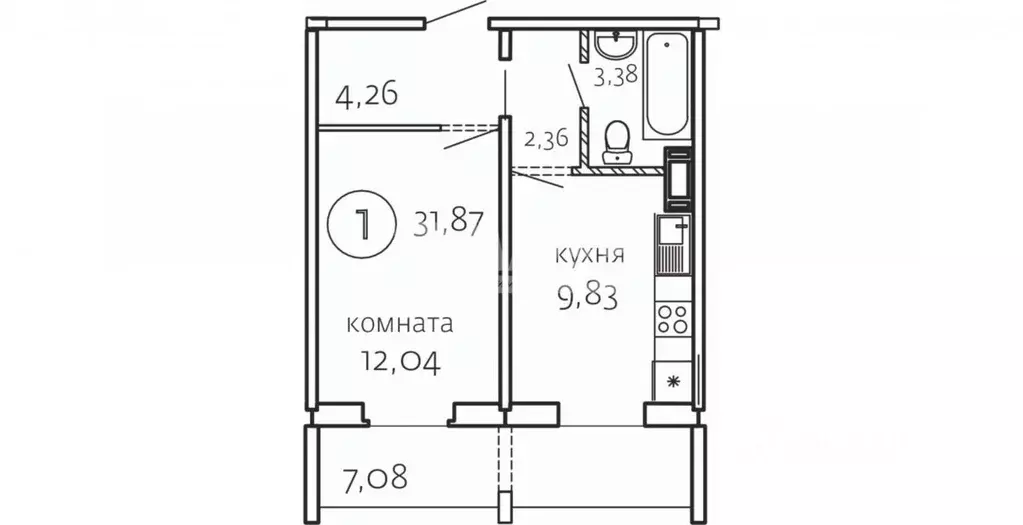 Студия Челябинская область, Снежинск ул. Маршала Чуйкова, 28 (31.87 м) - Фото 1