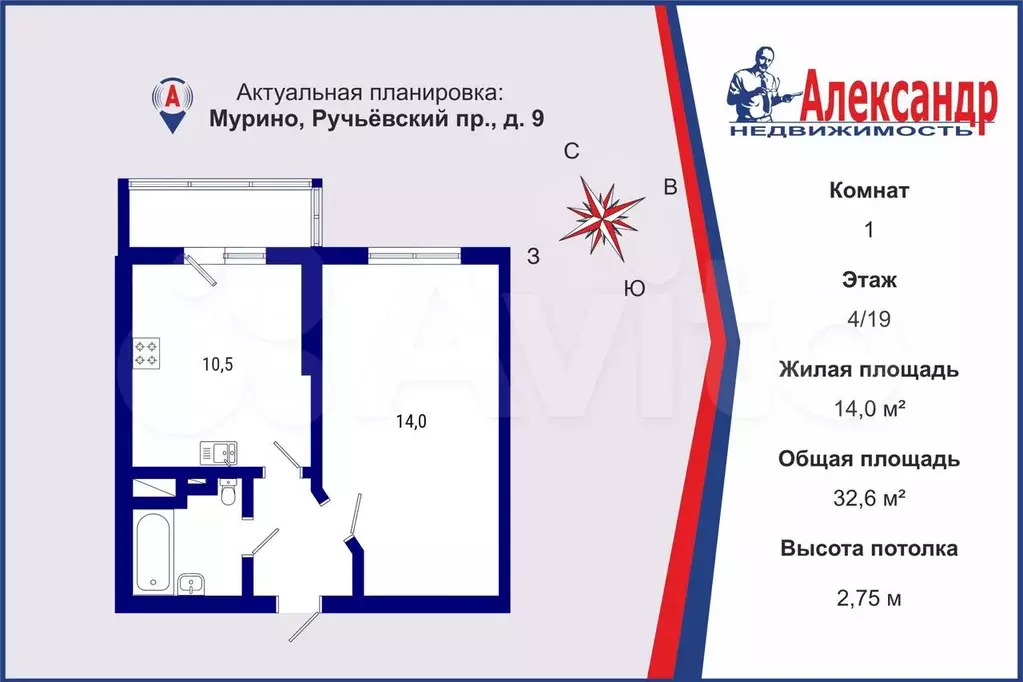 1-к. квартира, 32,6 м, 4/19 эт. - Фото 0