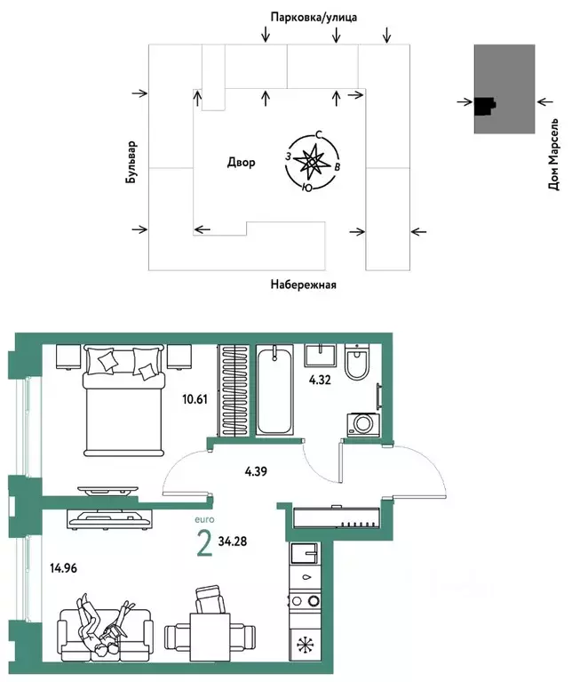 2-к кв. Тюменская область, Тюмень Береговая ул., 100к2 (34.28 м) - Фото 1