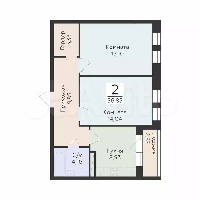 2-к. квартира, 56,9 м, 2/24 эт. - Фото 0