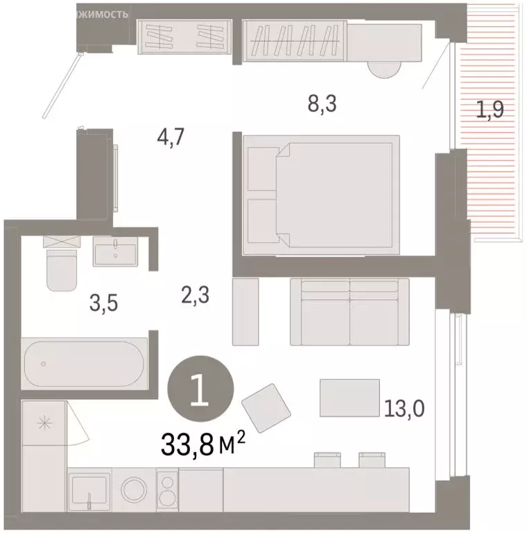 1-комнатная квартира: Тюмень, жилой комплекс Зарека (33.81 м) - Фото 1