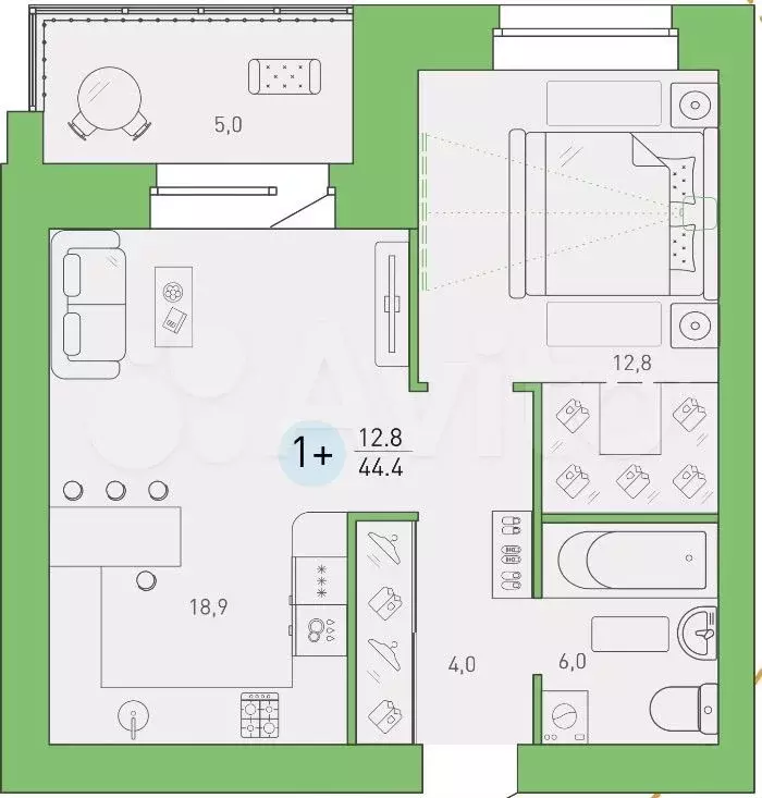 1-к. квартира, 44,4 м, 7/9 эт. - Фото 1