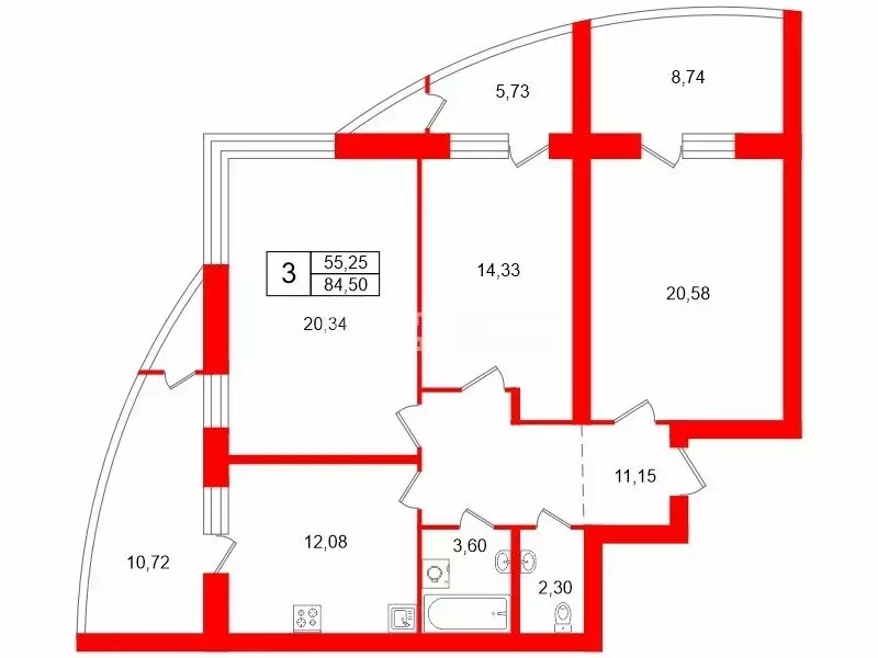 3-комнатная квартира: деревня Узигонты, 24Б (84.5 м) - Фото 0