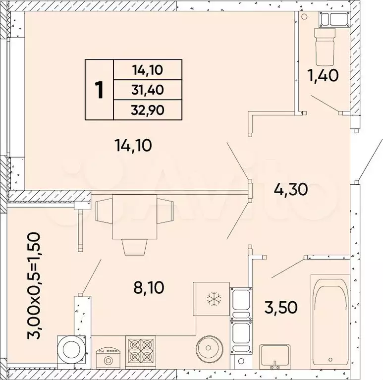 1-к. квартира, 32,9 м, 8/9 эт. - Фото 0