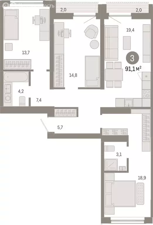 3-комнатная квартира: Новосибирск, Большевистская улица, с49 (91.06 м) - Фото 0