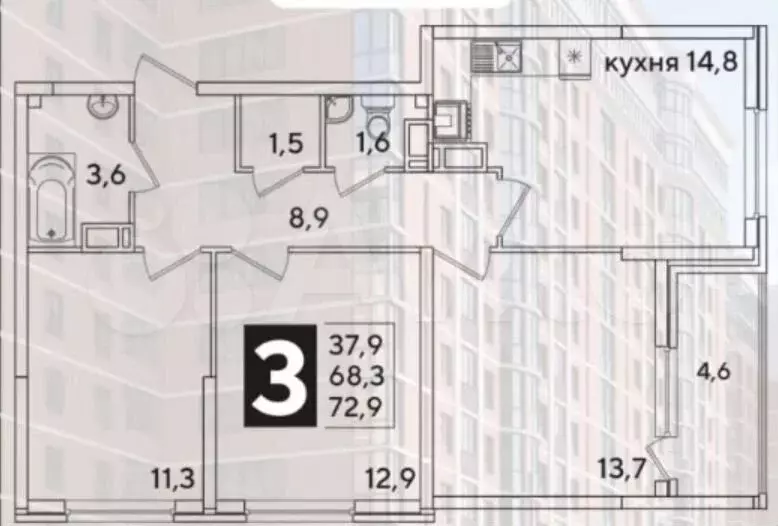 3-к. квартира, 73 м, 15/16 эт. - Фото 0