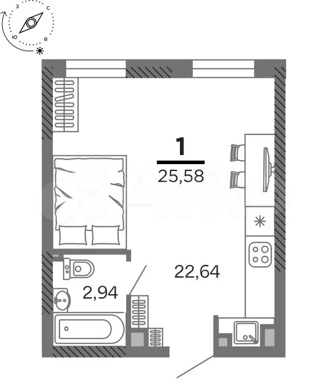 1-к. квартира, 25,6 м, 12/25 эт. - Фото 1
