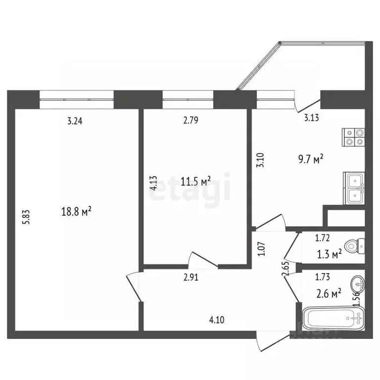 2-к кв. Тюменская область, Тюмень ул. Андрея Бушуева, 4 (51.6 м) - Фото 1