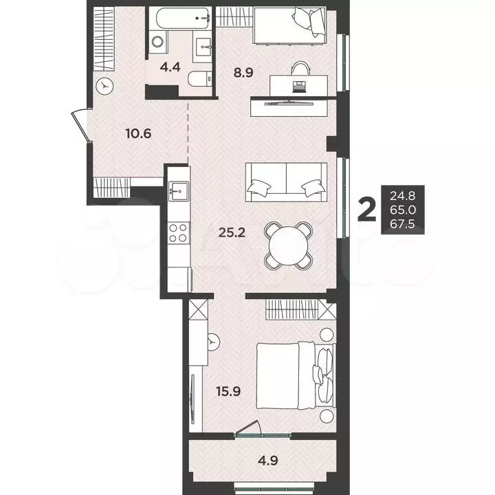 2-к. квартира, 67,5 м, 9/12 эт. - Фото 1