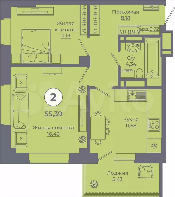2-к. квартира, 55,5 м, 22/24 эт. - Фото 1