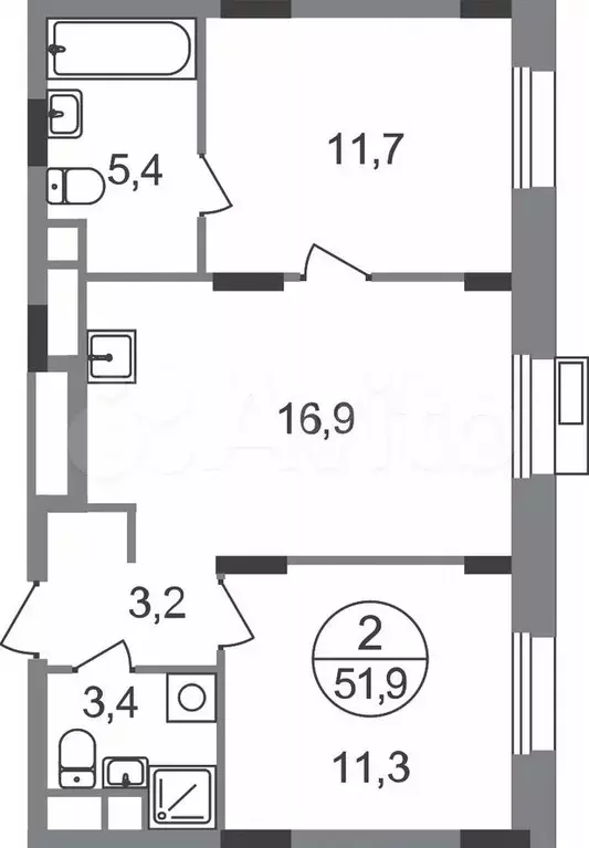 2-к. квартира, 51,9 м, 2/9 эт. - Фото 0