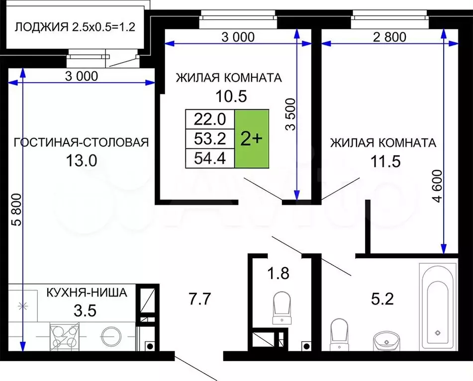 2-к. квартира, 54,4м, 5/16эт. - Фото 0