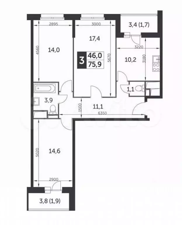 3-к. квартира, 76 м, 6/21 эт. - Фото 0