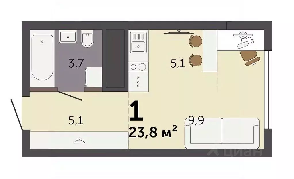 Студия Свердловская область, Екатеринбург Южный жилрайон,  (23.8 м) - Фото 2