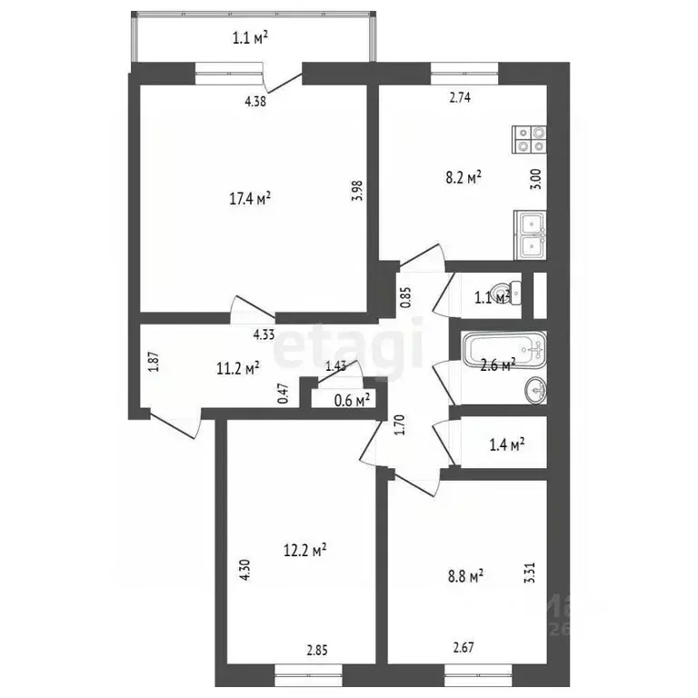 3-к кв. Кемеровская область, Анжеро-Судженск ул. Войкова, 3 (64.6 м) - Фото 2