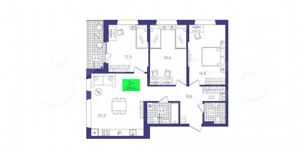3-к. квартира, 88 м, 8/9 эт. - Фото 1