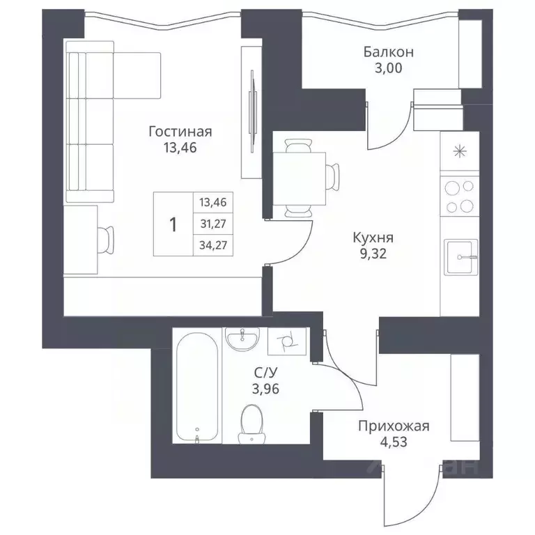 1-к кв. Новосибирская область, Новосибирск  (34.27 м) - Фото 0