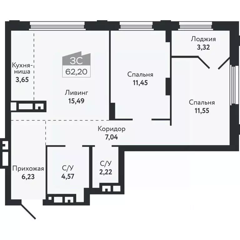 3-к кв. Томская область, Томск Черемошники мкр, ул. Бердская, 14/3 ... - Фото 2