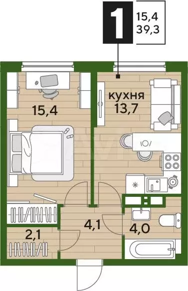 1-к. квартира, 39,3 м, 12/16 эт. - Фото 1