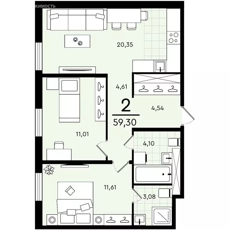 2-комнатная квартира: Тюмень, улица Александра Звягина, 10 (59.3 м) - Фото 0