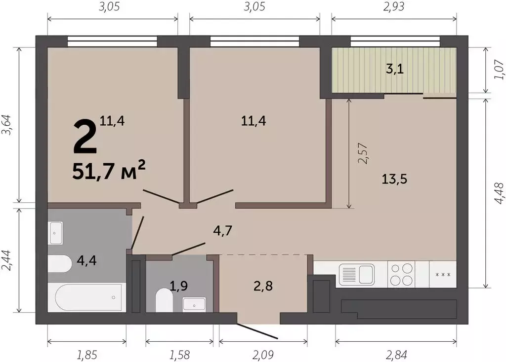 2-комнатная квартира: Екатеринбург, улица Краснолесья, 10/6 (51.2 м) - Фото 0