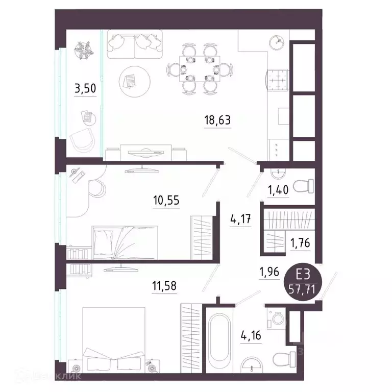 2-к кв. Рязанская область, Рязань Московское ш. (57.71 м) - Фото 1
