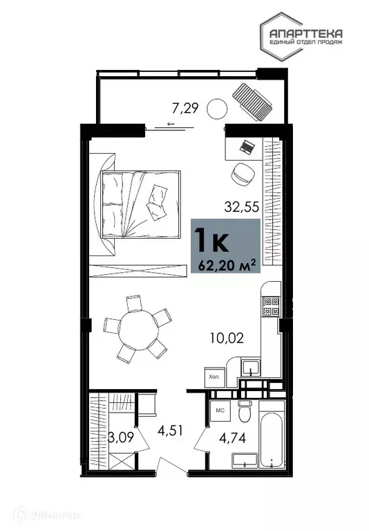 Продаётся 1-к квартира, 62.2 м - Фото 1