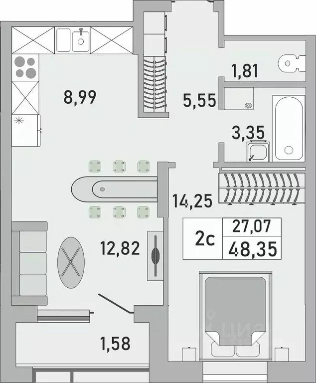 2-к кв. Башкортостан, Уфа Бакалинская ул., 9/1 (48.35 м) - Фото 1