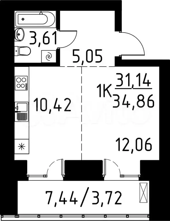 1-к. квартира, 34,9 м, 5/13 эт. - Фото 0
