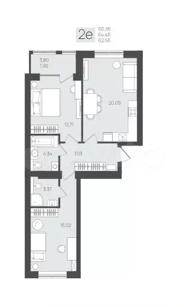 2-к. квартира, 64,5 м, 2/5 эт. - Фото 1